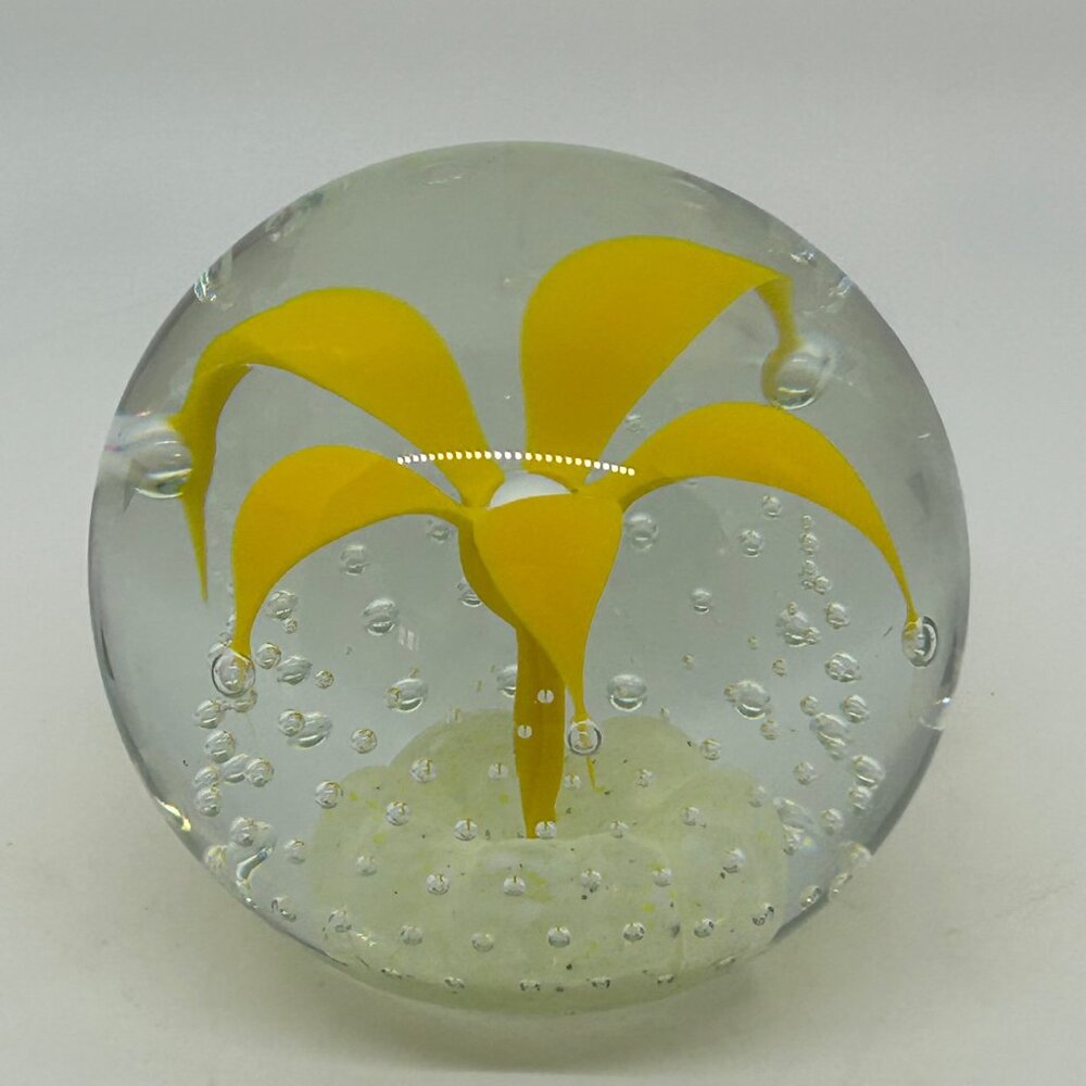 Wheaton Glass Controlled Bubble Paperweight With Yellow Flower Design - Picture 6 of 16